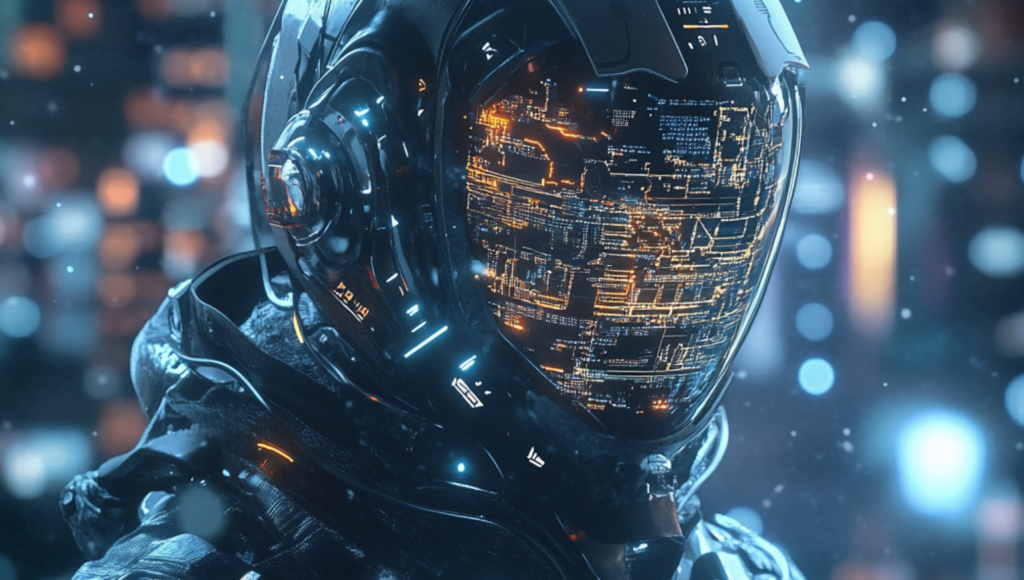 AI-generated image of a futuristic person in a cybernetic suit.