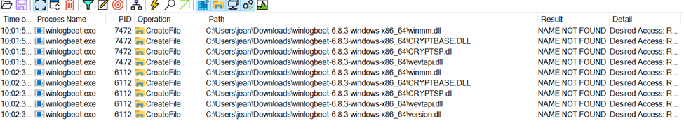 Monitoring winlogbeat with Procmon to identify DLLs that are loaded