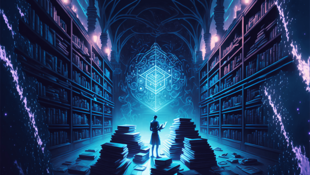 AI-generated image of a scholar reading in a blue-lit library, with a glittering wall of circuits around a scholar's hat symbol.