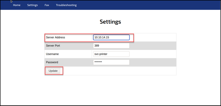 Screenshot of a web portal for a printer administrator page that allows to authenticate using the LDAP protocol.