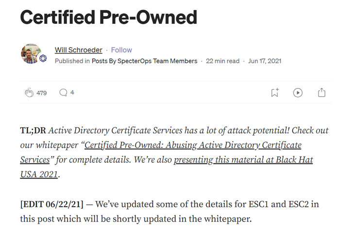 Screenshot from SpecterOps’ whitepaper on Active Directory Certificate Services: "Certified Pre-Owned." Link available in Further Reading.