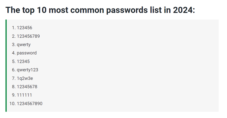 The most common passwords list in 2024: 123456, 123456789, qwerty, password, 12345, qwerty123, 1q2w3e, 12345678, 111111, 1234567890