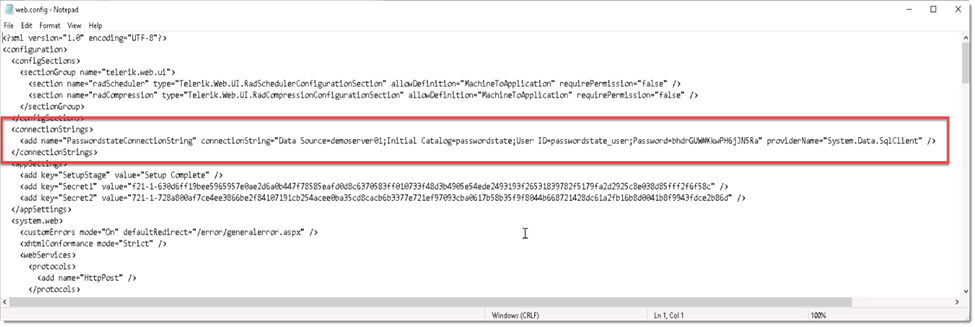 Notepad screenshot highlighting a connection string revealing a clear-text password.